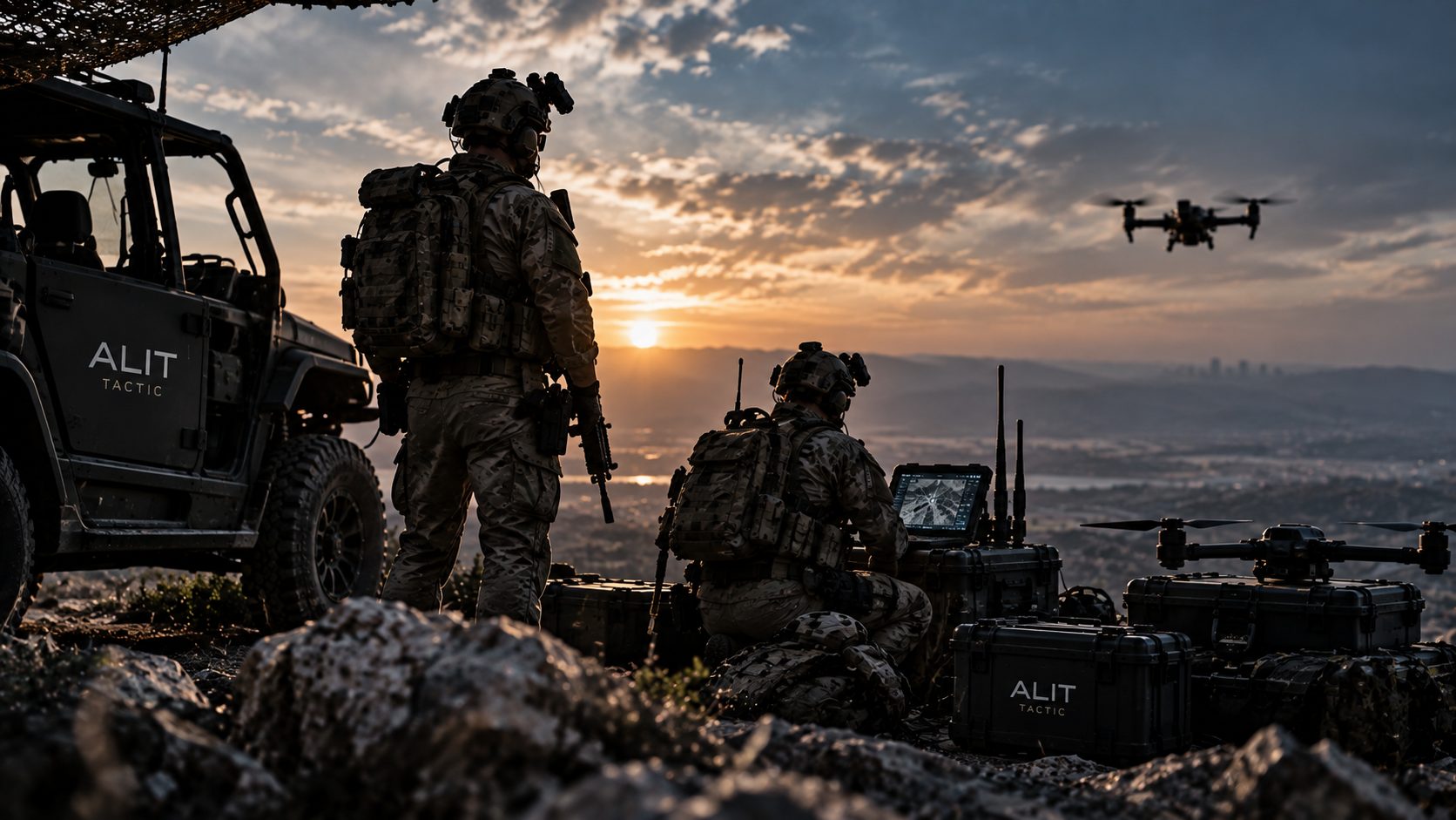 ALIT TACTIC team setting up an observation post at dusk, with drones, cases and a vehicle