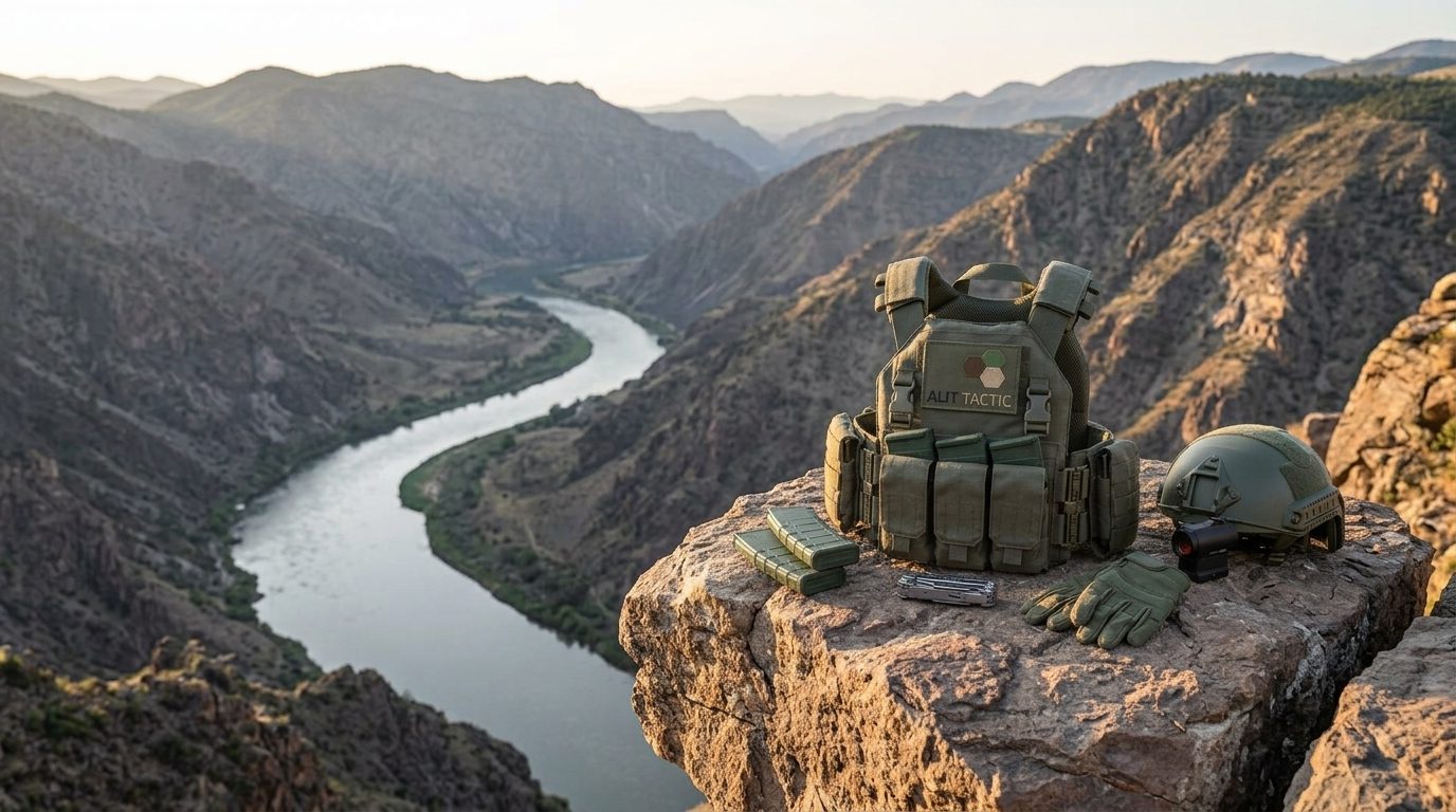 Plate carrier and helmet staged on a rock above a river canyon