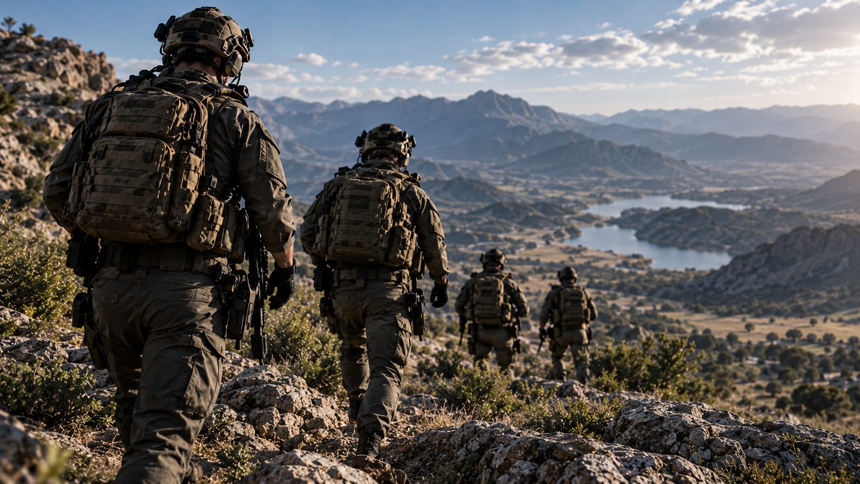 Patrol moving along a rocky ridge above a valley lake